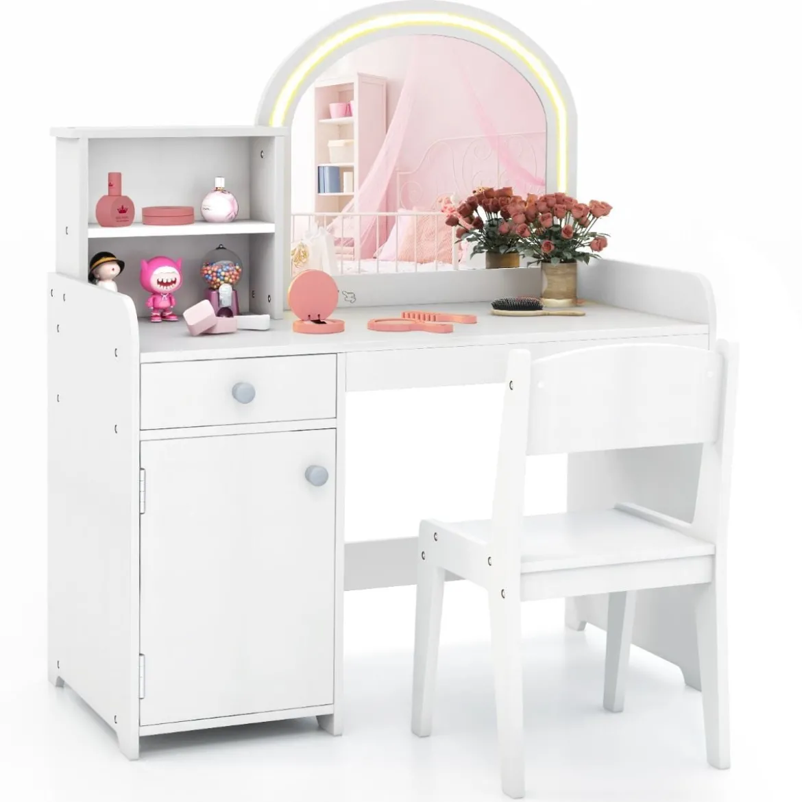 2 in 1 Kinder Schminktisch Set mit Hocker & LED-Lechten & Spiegel & Schublade Kosmetiktisch