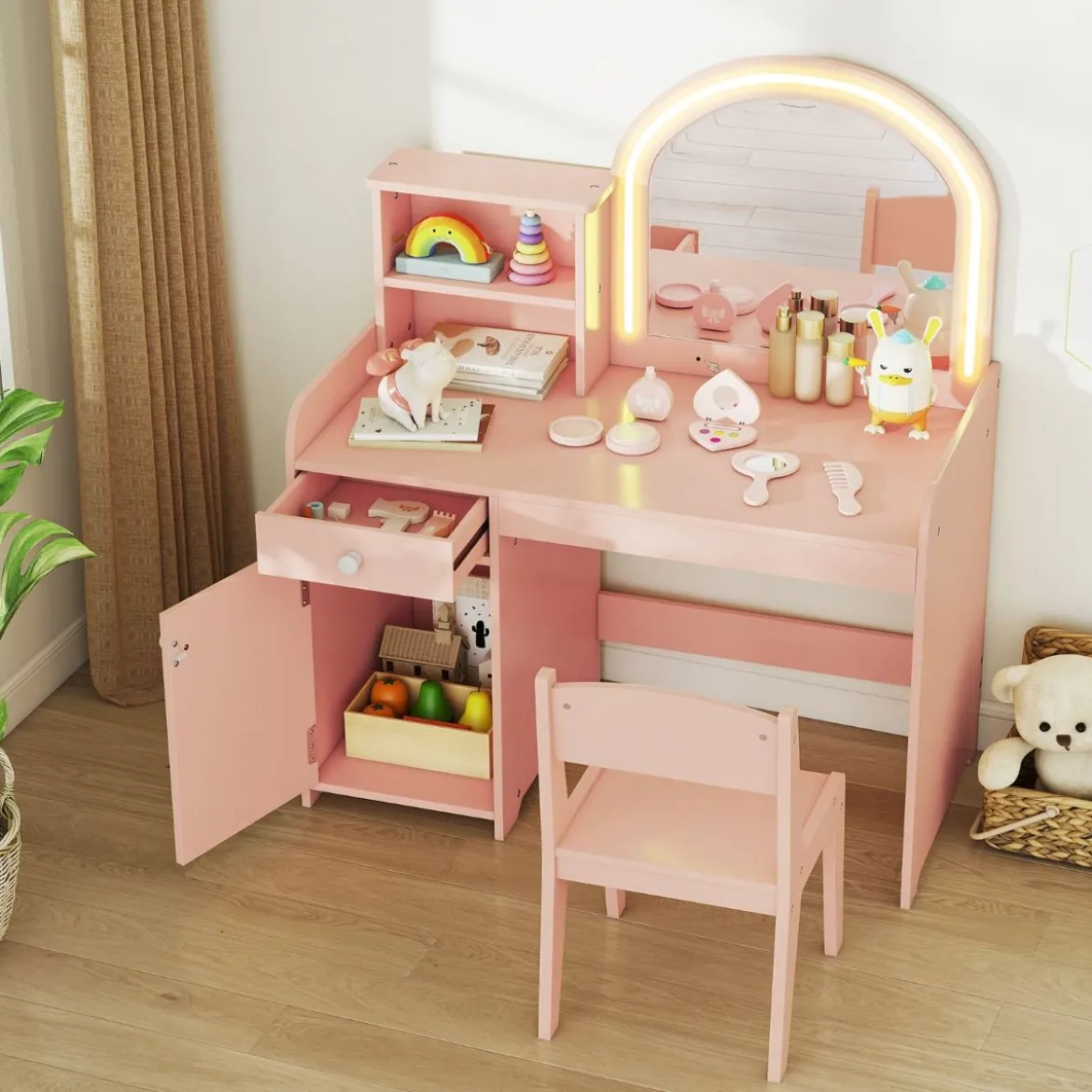 2 in 1 Kinder Schminktisch Set mit Hocker & LED-Lechten & Spiegel & Schublade Kosmetiktisch