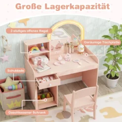 2 in 1 Kinder Schminktisch Set mit Hocker & LED-Lechten & Spiegel & Schublade Kosmetiktisch