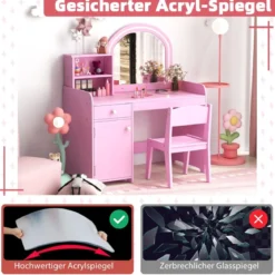 2 in 1 Kinder Schminktisch Set mit Hocker & LED-Lechten & Spiegel & Schublade Kosmetiktisch