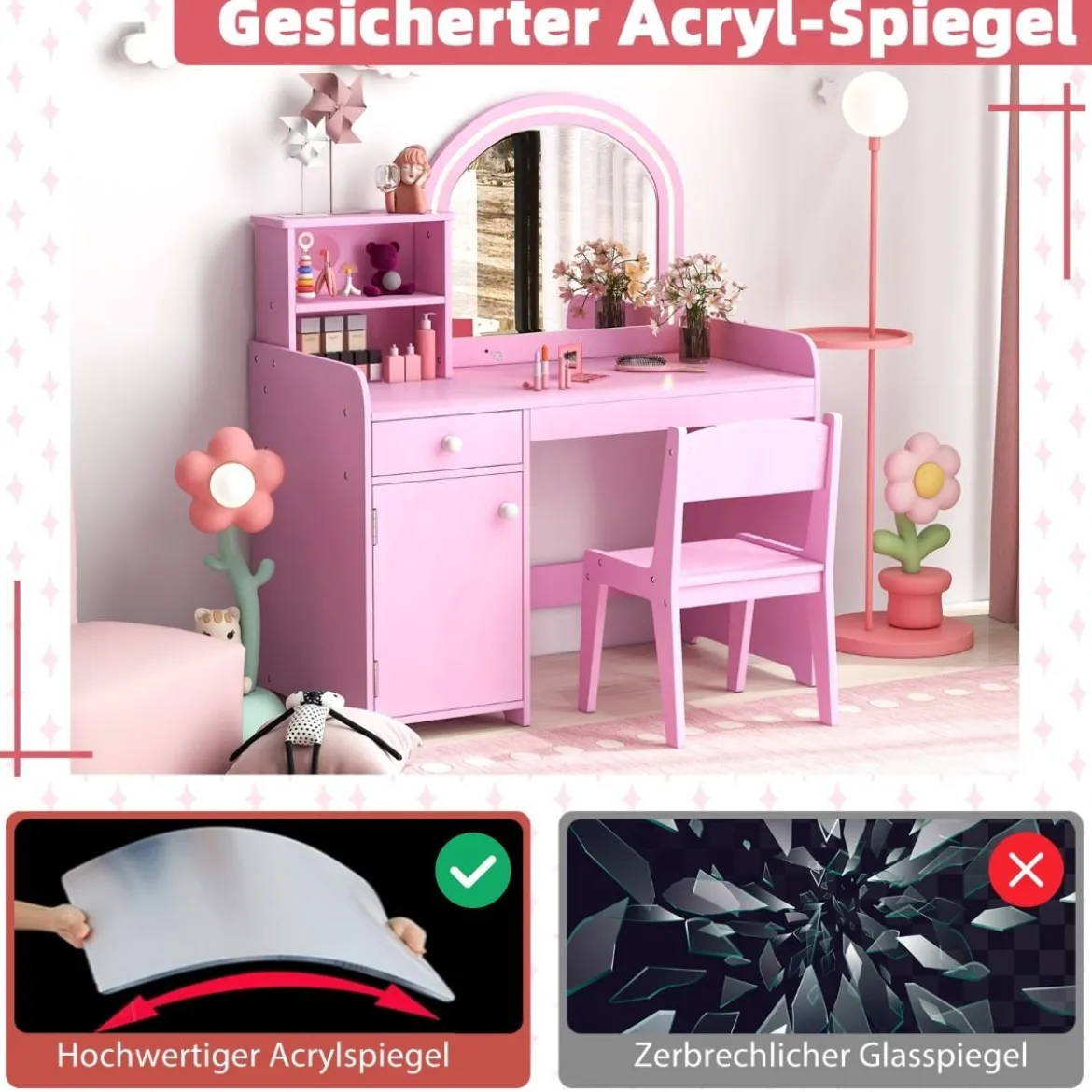 2 in 1 Kinder Schminktisch Set mit Hocker & LED-Lechten & Spiegel & Schublade Kosmetiktisch