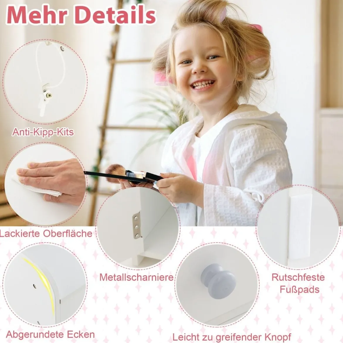 2 in 1 Kinder Schminktisch Set mit Hocker & LED-Lechten & Spiegel & Schublade Kosmetiktisch