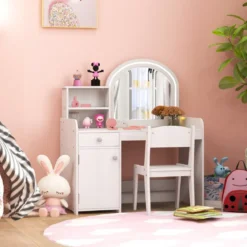 2 in 1 Kinder Schminktisch Set mit Hocker & LED-Lechten & Spiegel & Schublade Kosmetiktisch