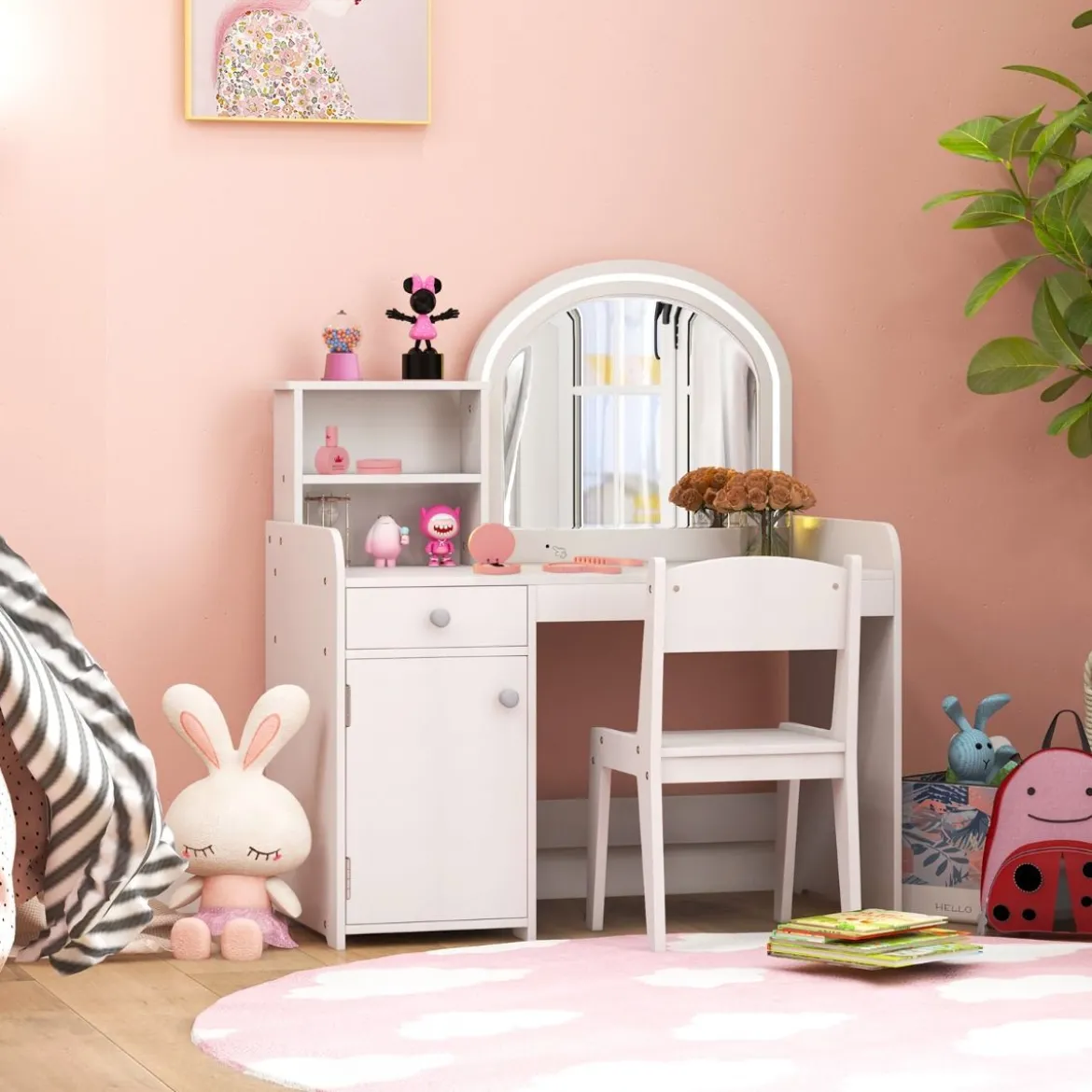 2 in 1 Kinder Schminktisch Set mit Hocker & LED-Lechten & Spiegel & Schublade Kosmetiktisch