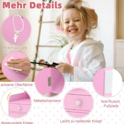 2 in 1 Kinder Schminktisch Set mit Hocker & LED-Lechten & Spiegel & Schublade Kosmetiktisch