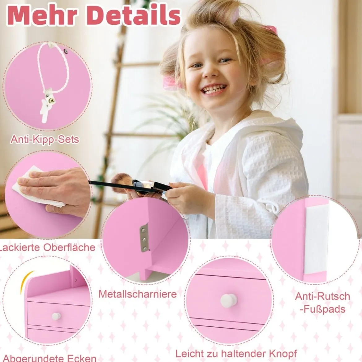 2 in 1 Kinder Schminktisch Set mit Hocker & LED-Lechten & Spiegel & Schublade Kosmetiktisch
