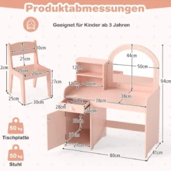 2 in 1 Kinder Schminktisch Set mit Hocker & LED-Lechten & Spiegel & Schublade Kosmetiktisch