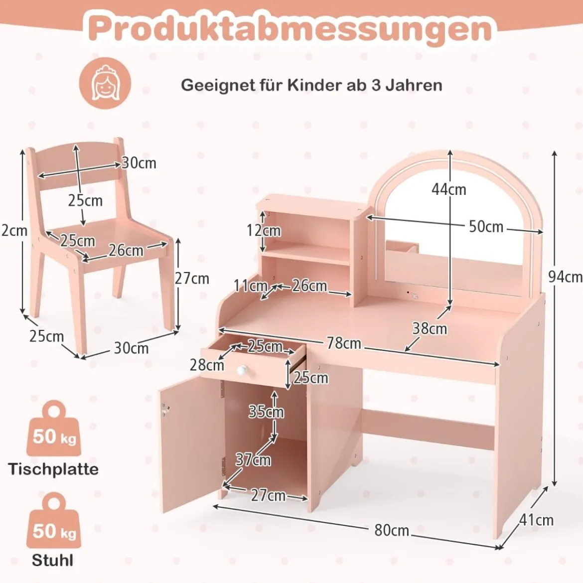 2 in 1 Kinder Schminktisch Set mit Hocker & LED-Lechten & Spiegel & Schublade Kosmetiktisch