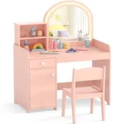 2 in 1 Kinder Schminktisch Set mit Hocker & LED-Lechten & Spiegel & Schublade Kosmetiktisch