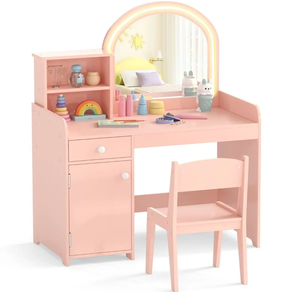 2 in 1 Kinder Schminktisch Set mit Hocker & LED-Lechten & Spiegel & Schublade Kosmetiktisch