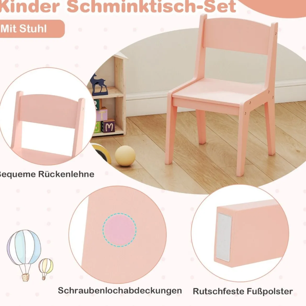 2 in 1 Kinder Schminktisch Set mit Hocker & LED-Lechten & Spiegel & Schublade Kosmetiktisch