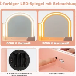 2 in 1 Kinder Schminktisch Set mit Hocker & LED-Lechten & Spiegel & Schublade Kosmetiktisch
