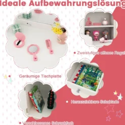 2 in 1 Kinder Schminktisch Set mit Hocker & LED-Lechten & Spiegel & Schublade Kosmetiktisch