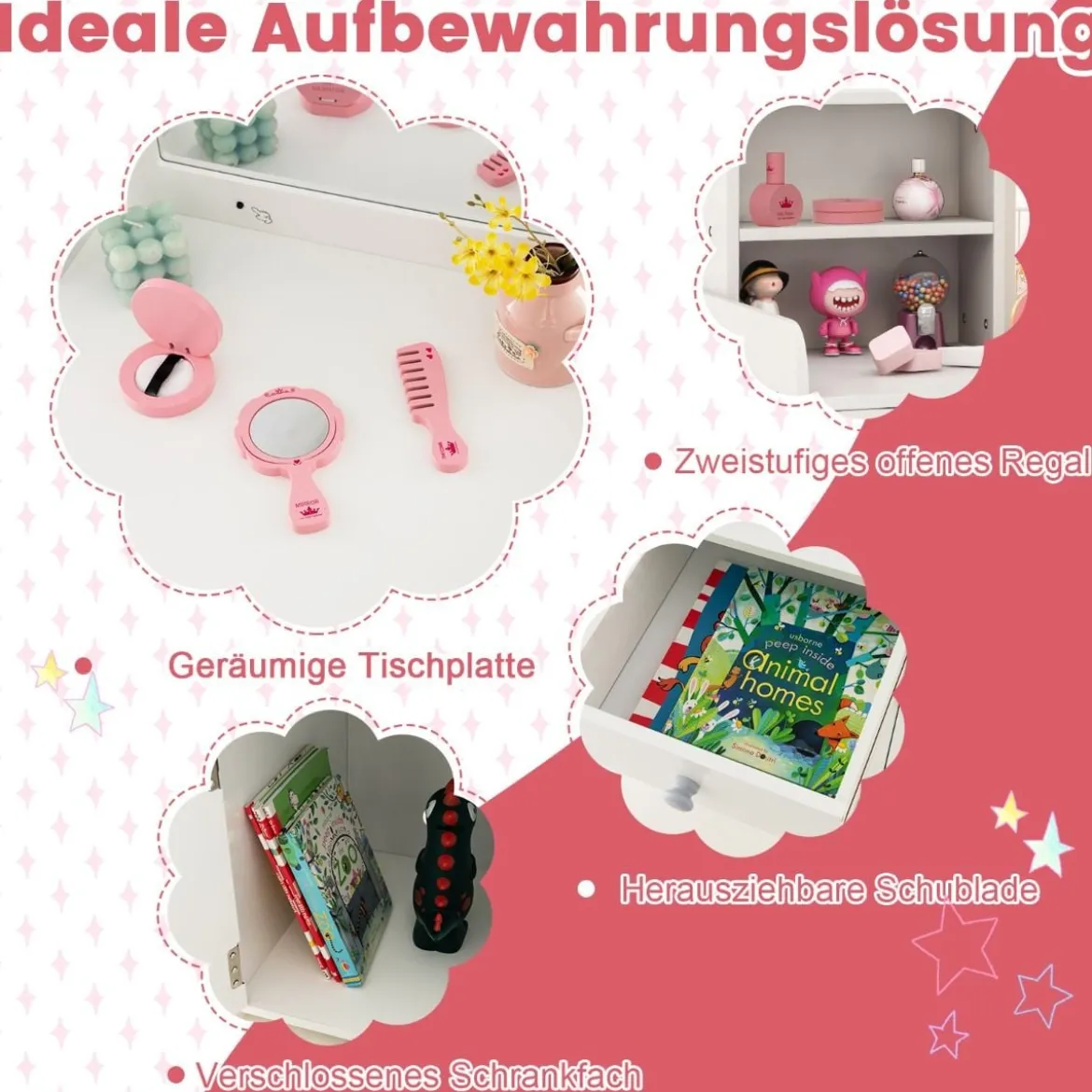 2 in 1 Kinder Schminktisch Set mit Hocker & LED-Lechten & Spiegel & Schublade Kosmetiktisch