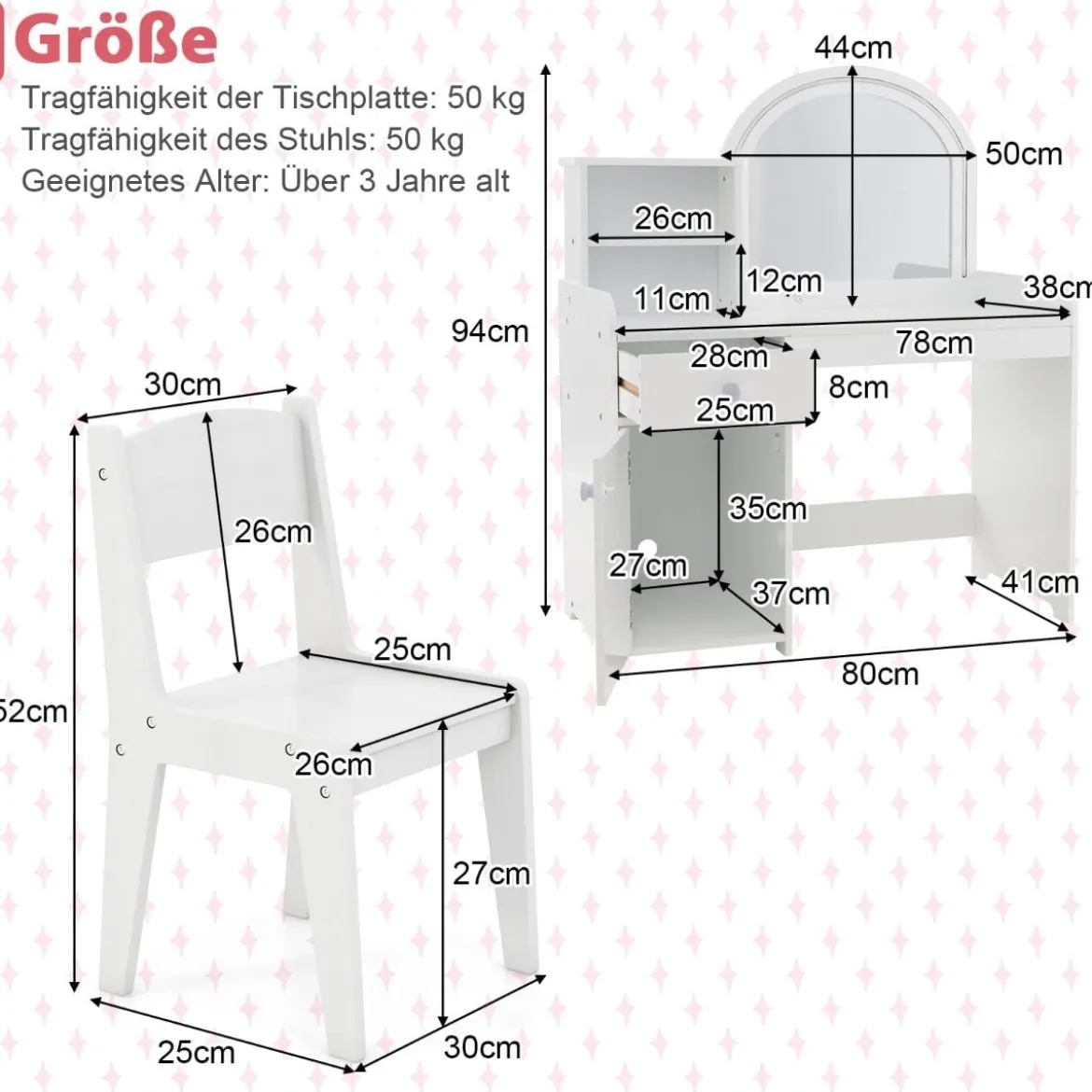 2 in 1 Kinder Schminktisch Set mit Hocker & LED-Lechten & Spiegel & Schublade Kosmetiktisch
