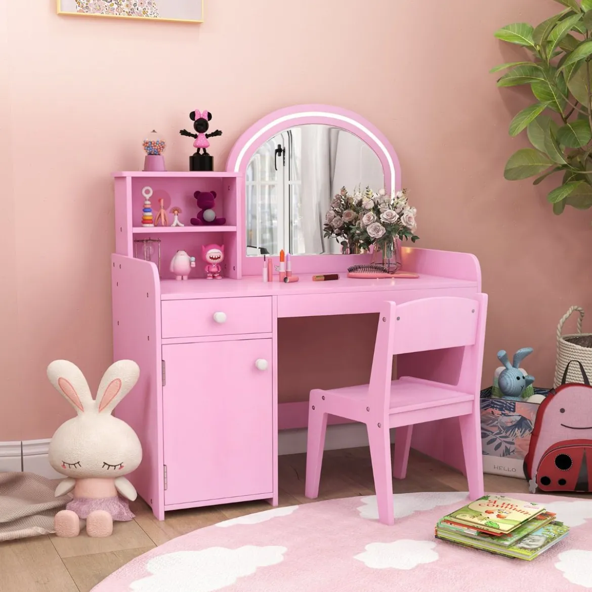 2 in 1 Kinder Schminktisch Set mit Hocker & LED-Lechten & Spiegel & Schublade Kosmetiktisch