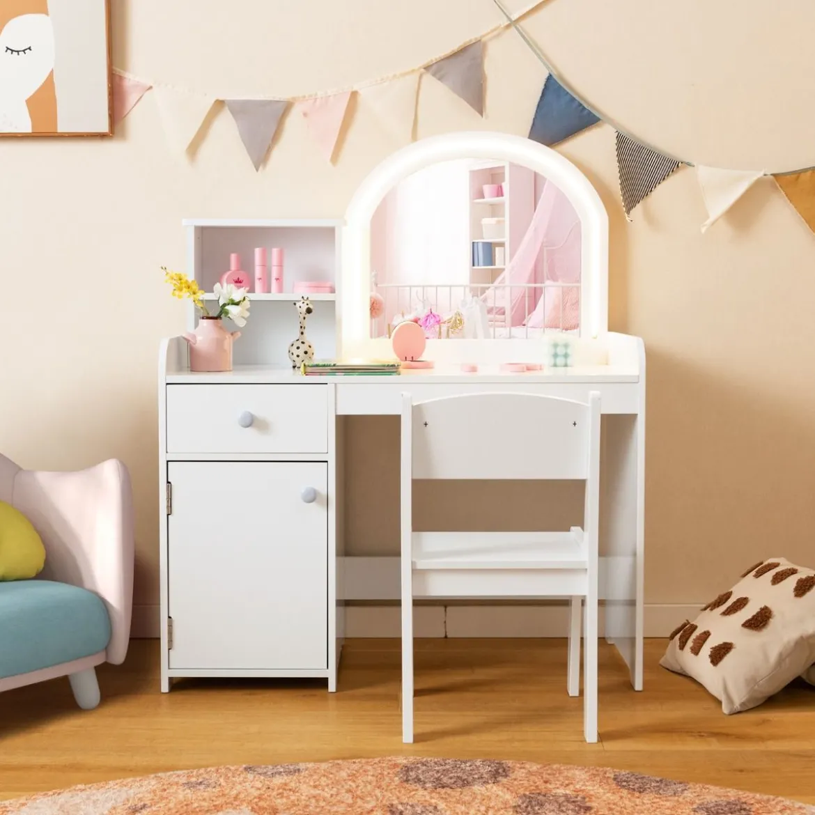 2 in 1 Kinder Schminktisch Set mit Hocker & LED-Lechten & Spiegel & Schublade Kosmetiktisch