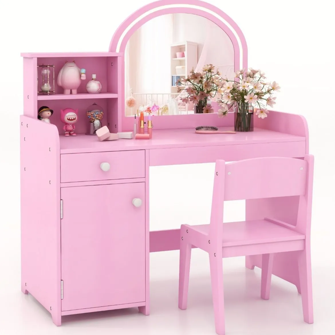 2 in 1 Kinder Schminktisch Set mit Hocker & LED-Lechten & Spiegel & Schublade Kosmetiktisch