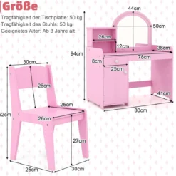 2 in 1 Kinder Schminktisch Set mit Hocker & LED-Lechten & Spiegel & Schublade Kosmetiktisch
