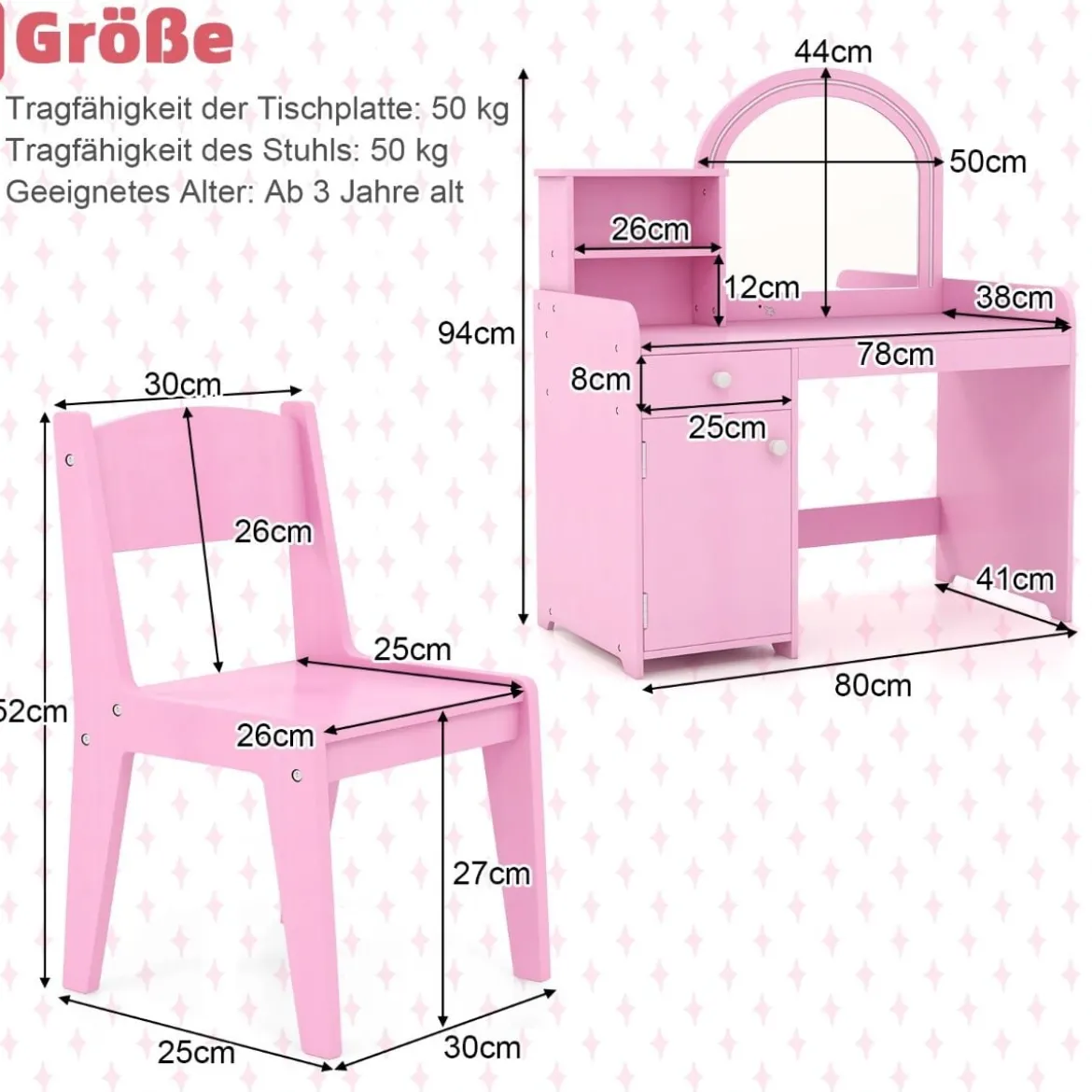 2 in 1 Kinder Schminktisch Set mit Hocker & LED-Lechten & Spiegel & Schublade Kosmetiktisch