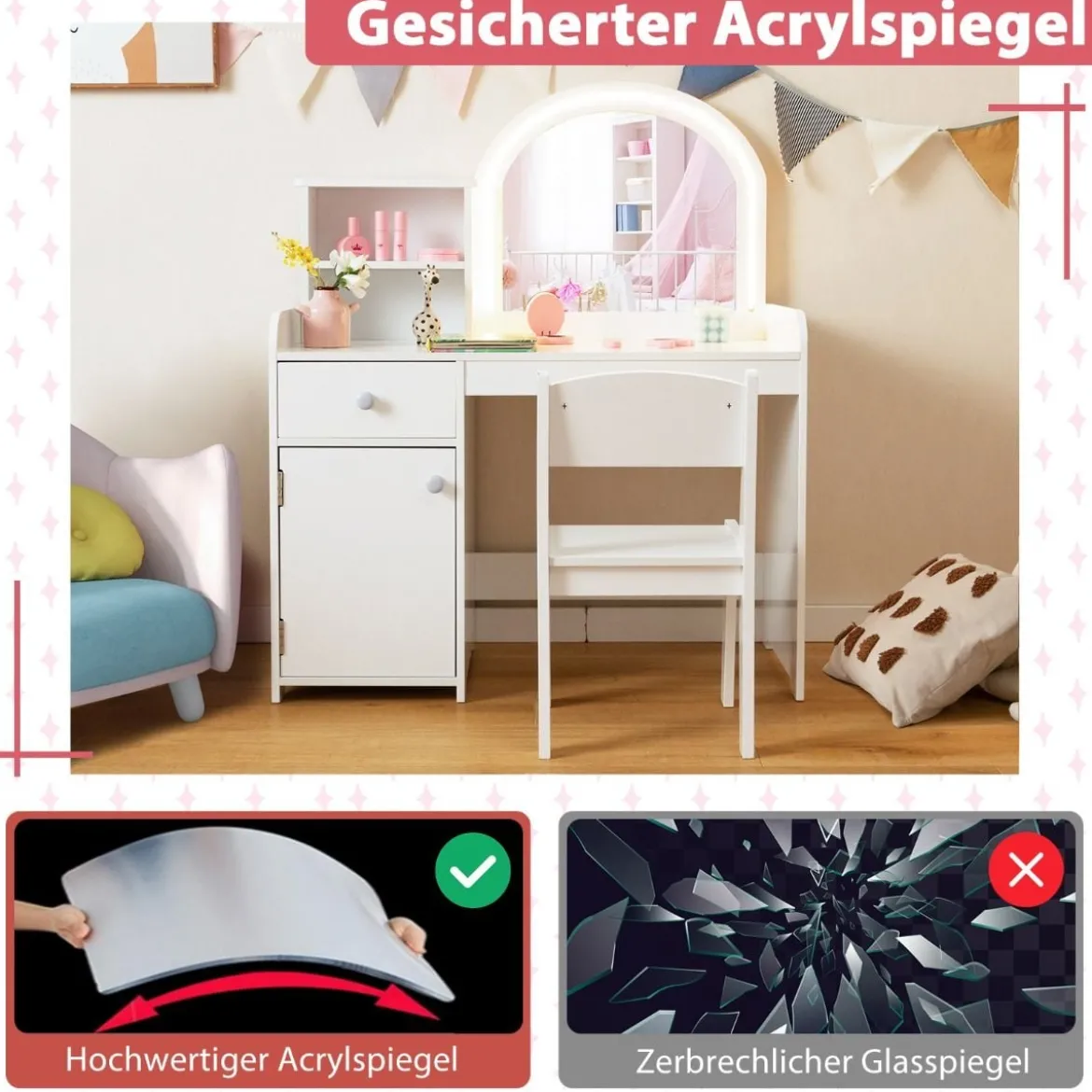 2 in 1 Kinder Schminktisch Set mit Hocker & LED-Lechten & Spiegel & Schublade Kosmetiktisch