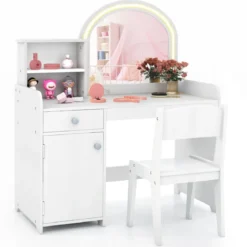 2 in 1 Kinder Schminktisch Set mit Hocker & LED-Lechten & Spiegel & Schublade Kosmetiktisch