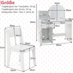 2 in 1 Kinder Schminktisch Set mit Hocker & LED-Lechten & Spiegel & Schublade Kosmetiktisch