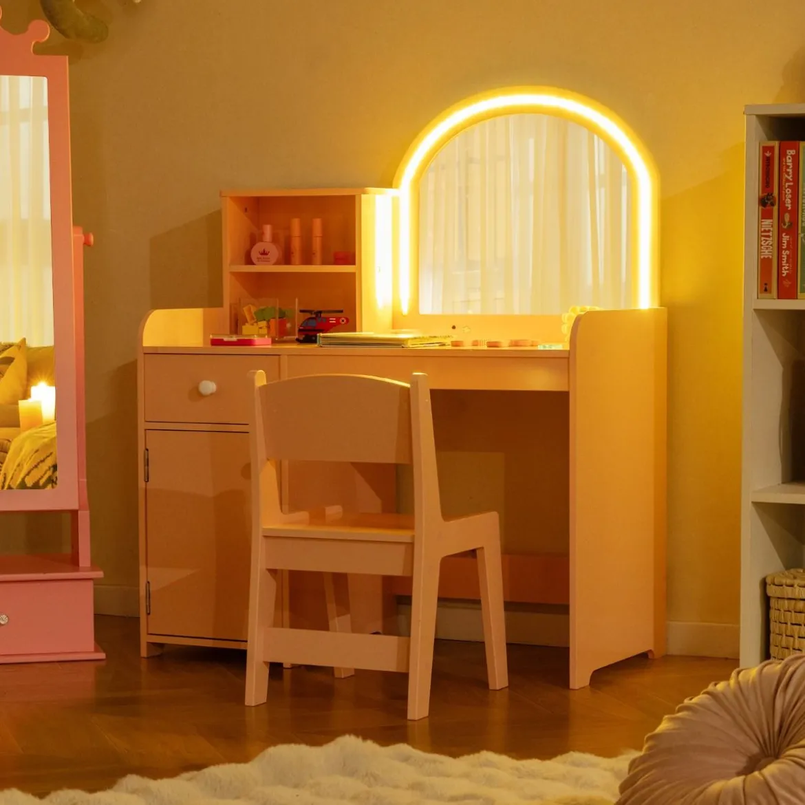 2 in 1 Kinder Schminktisch Set mit Hocker & LED-Lechten & Spiegel & Schublade Kosmetiktisch