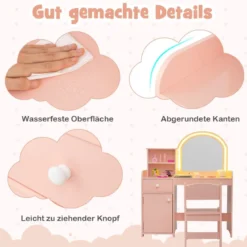 2 in 1 Kinder Schminktisch Set mit Hocker & LED-Lechten & Spiegel & Schublade Kosmetiktisch