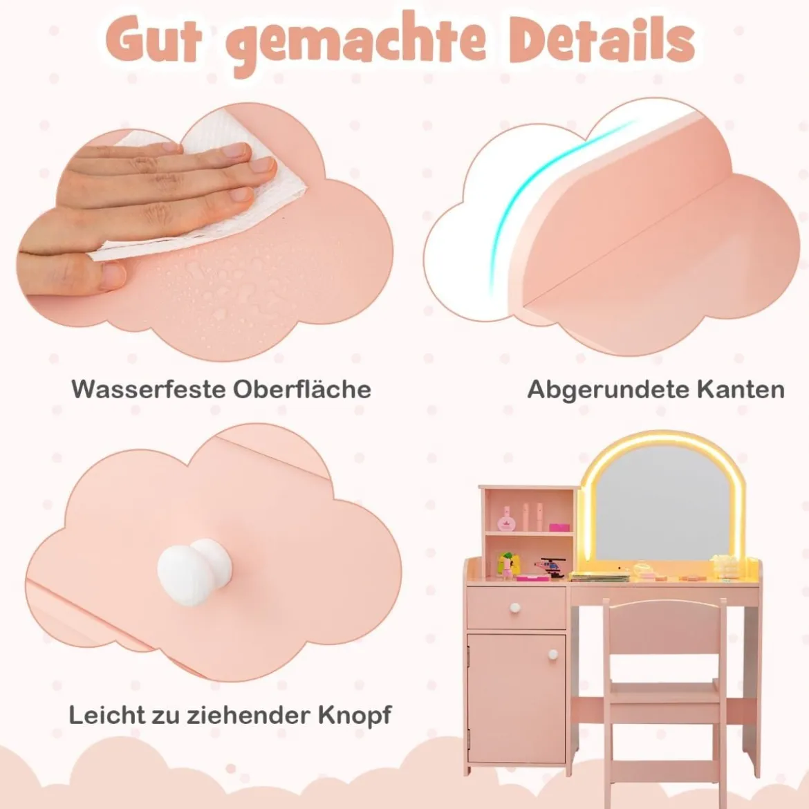 2 in 1 Kinder Schminktisch Set mit Hocker & LED-Lechten & Spiegel & Schublade Kosmetiktisch