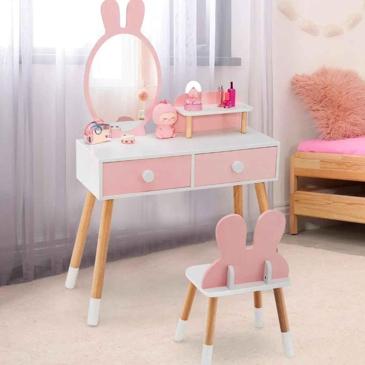 2 in 1 Kinder Schminktisch & Stuhl-Set mit Spiegel & 2 Schubladen & Aufbewahrungsregal Rosa
