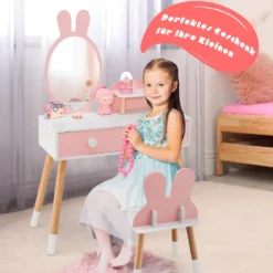 2 in 1 Kinder Schminktisch & Stuhl-Set mit Spiegel & 2 Schubladen & Aufbewahrungsregal Rosa