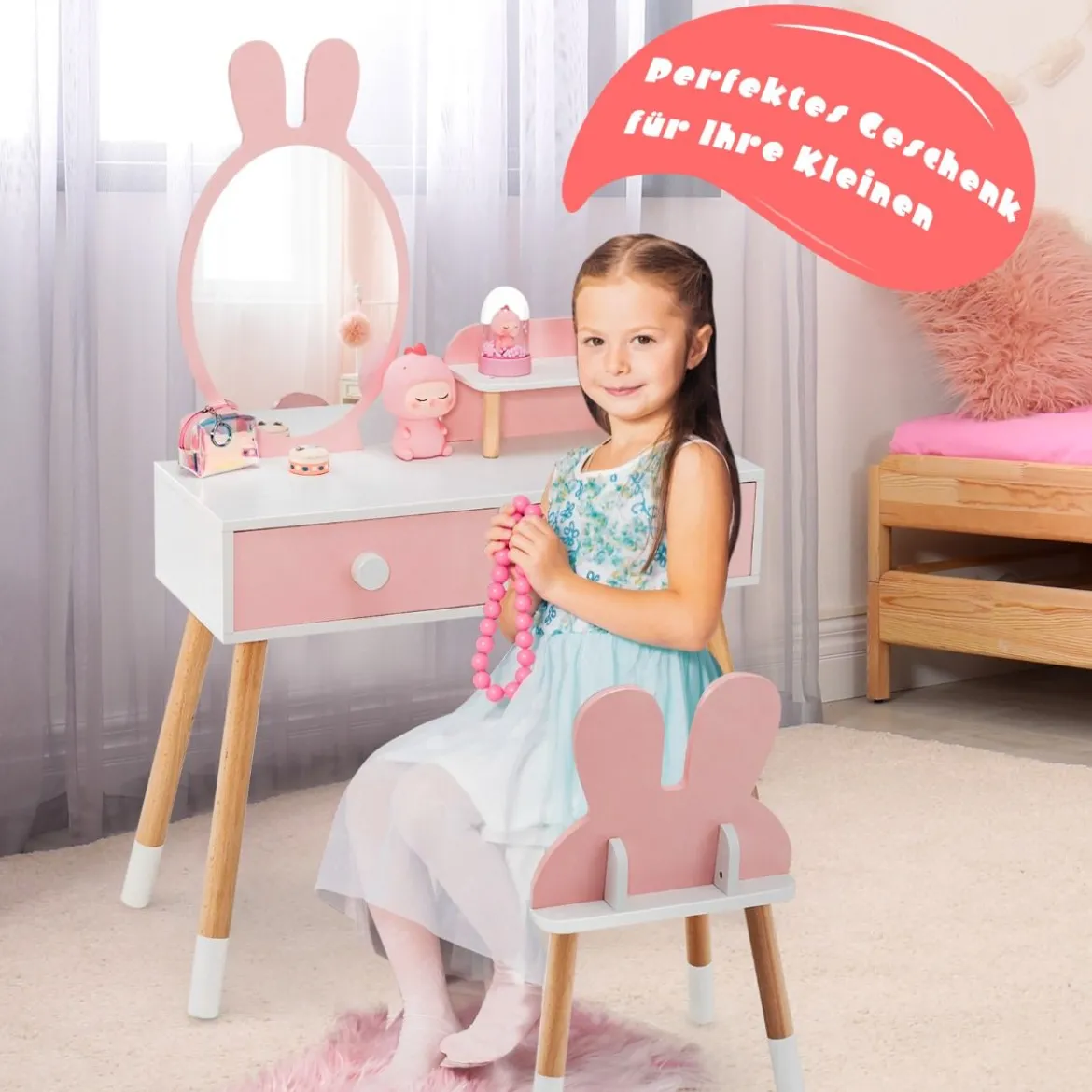 2 in 1 Kinder Schminktisch & Stuhl-Set mit Spiegel & 2 Schubladen & Aufbewahrungsregal Rosa