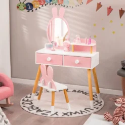 2 in 1 Kinder Schminktisch & Stuhl-Set mit Spiegel & 2 Schubladen & Aufbewahrungsregal Rosa