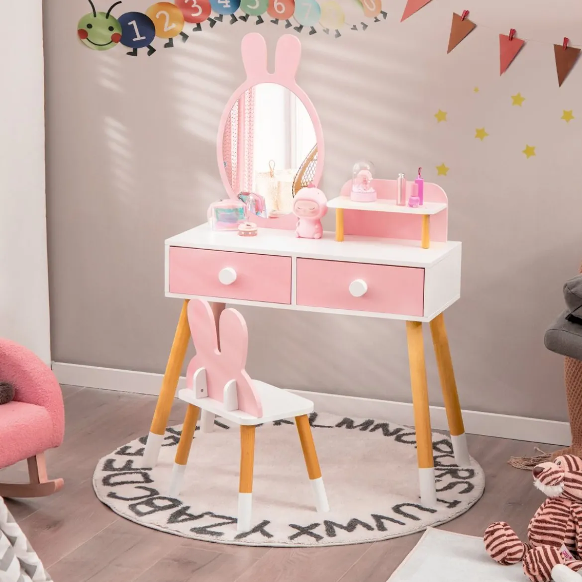 2 in 1 Kinder Schminktisch & Stuhl-Set mit Spiegel & 2 Schubladen & Aufbewahrungsregal Rosa