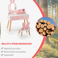 2 in 1 Kinder Schminktisch & Stuhl-Set mit Spiegel & 2 Schubladen & Aufbewahrungsregal Rosa