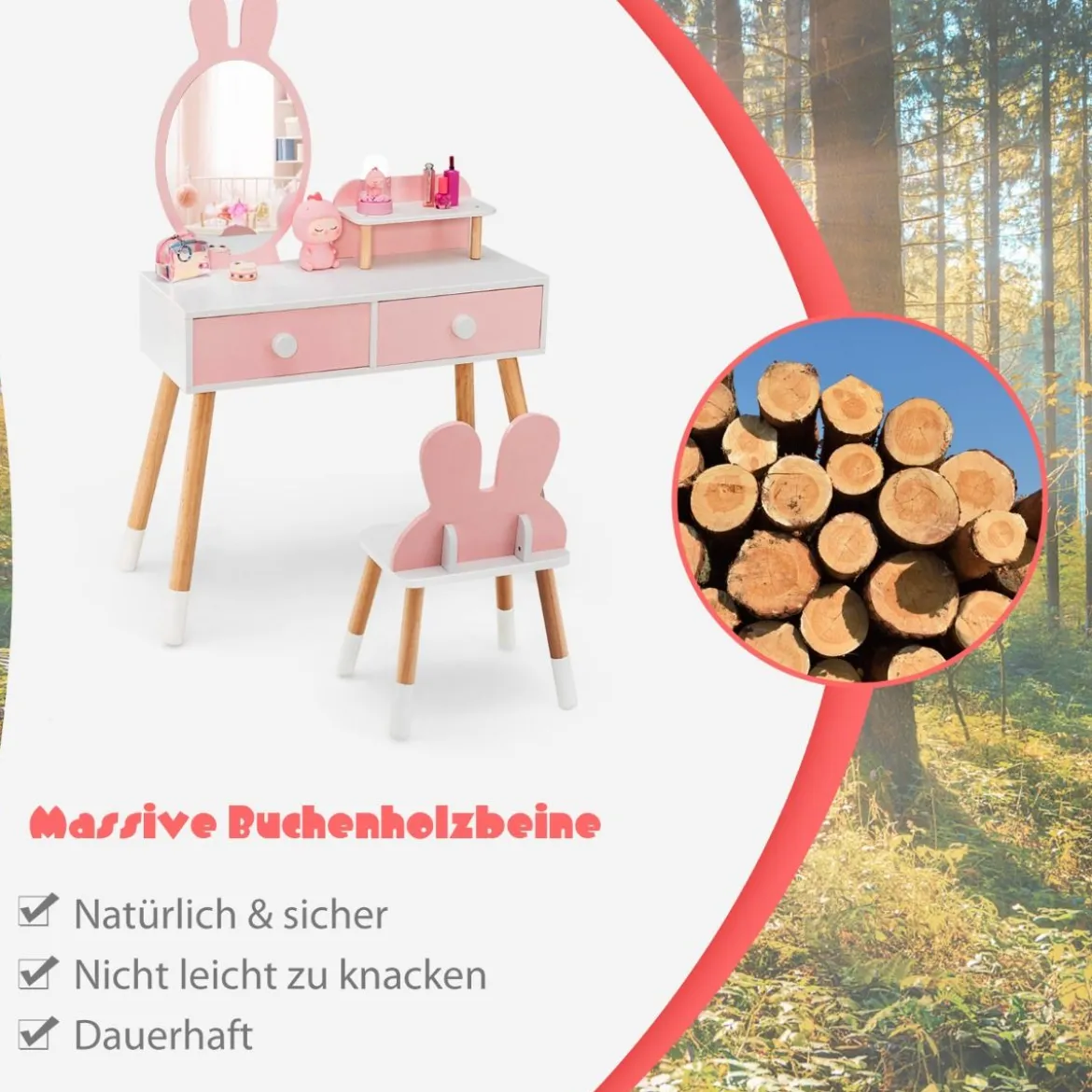 2 in 1 Kinder Schminktisch & Stuhl-Set mit Spiegel & 2 Schubladen & Aufbewahrungsregal Rosa