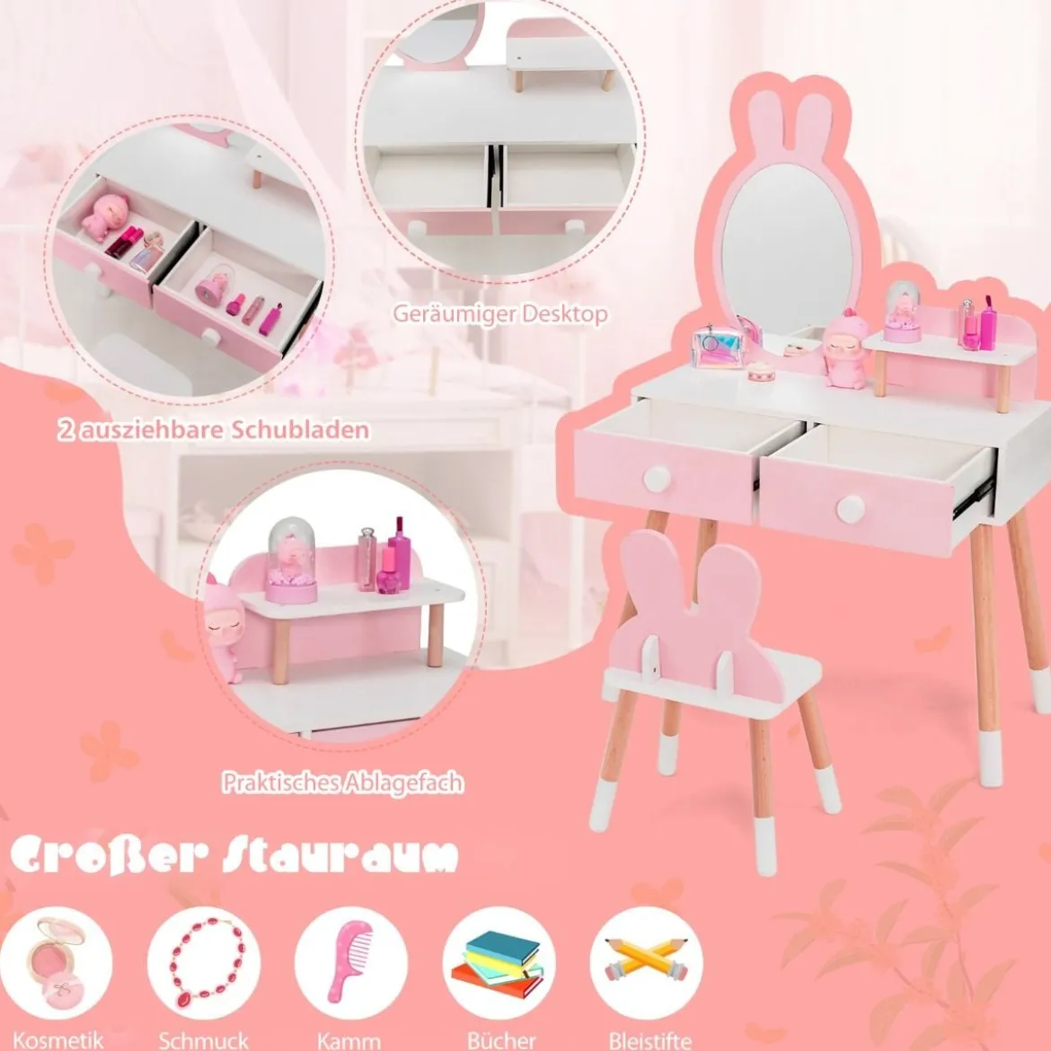 2 in 1 Kinder Schminktisch & Stuhl-Set mit Spiegel & 2 Schubladen & Aufbewahrungsregal Rosa