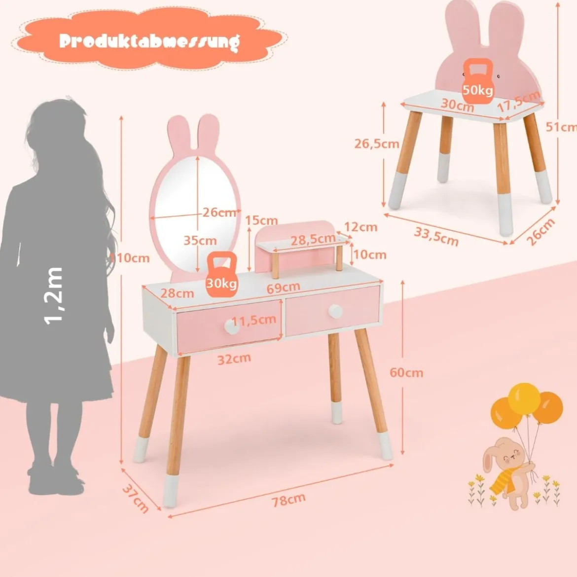 2 in 1 Kinder Schminktisch & Stuhl-Set mit Spiegel & 2 Schubladen & Aufbewahrungsregal Rosa