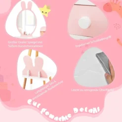 2 in 1 Kinder Schminktisch & Stuhl-Set mit Spiegel & 2 Schubladen & Aufbewahrungsregal Rosa
