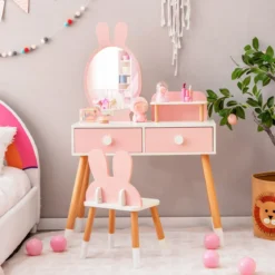 2 in 1 Kinder Schminktisch & Stuhl-Set mit Spiegel & 2 Schubladen & Aufbewahrungsregal Rosa