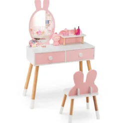 2 in 1 Kinder Schminktisch & Stuhl-Set mit Spiegel & 2 Schubladen & Aufbewahrungsregal Rosa