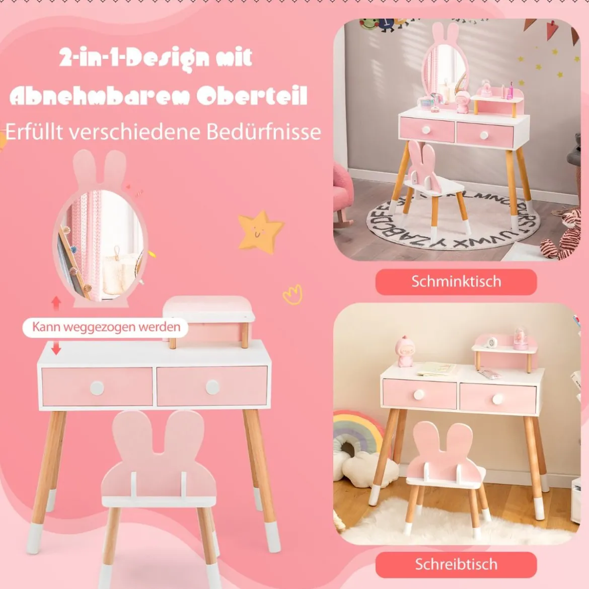 2 in 1 Kinder Schminktisch & Stuhl-Set mit Spiegel & 2 Schubladen & Aufbewahrungsregal Rosa