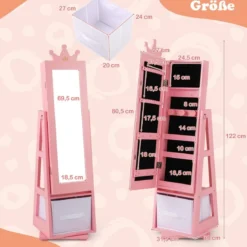 3 in 1 Kinder Schmuckschrank mit Ganzkörperspiegel & Aufbewahrungskorb Schmuckregal