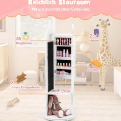 4 in 1 Kinder Schmuckschrank Spiegelschrank 360° drehbar mit Ganzkörperspiegel Weiß/Rosa