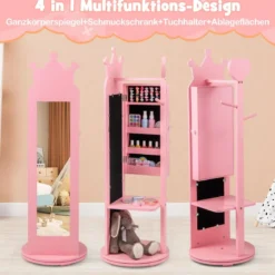4 in 1 Kinder Schmuckschrank Spiegelschrank 360° drehbar mit Ganzkörperspiegel Weiß/Rosa