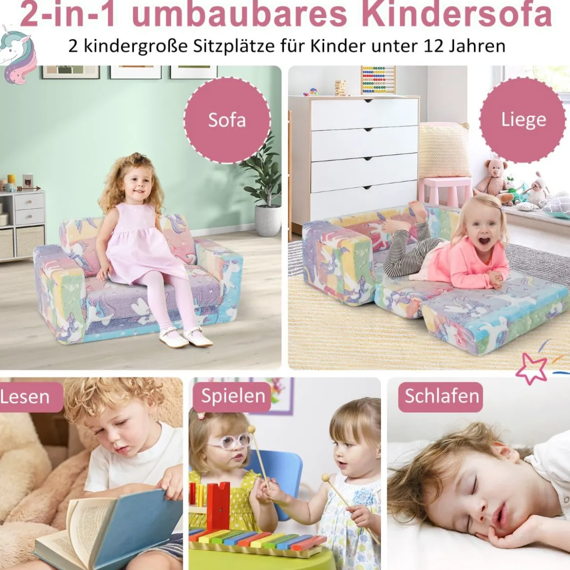 2 in 1 Kindersessel im Dunkeln Leuchtend Ausklappbares Kindersofa aus Samt Kindercouch