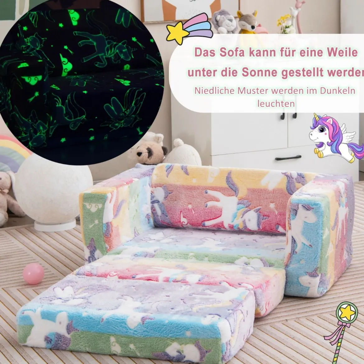 2 in 1 Kindersessel im Dunkeln Leuchtend Ausklappbares Kindersofa aus Samt Kindercouch