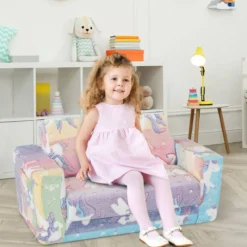 2 in 1 Kindersessel im Dunkeln Leuchtend Ausklappbares Kindersofa aus Samt Kindercouch