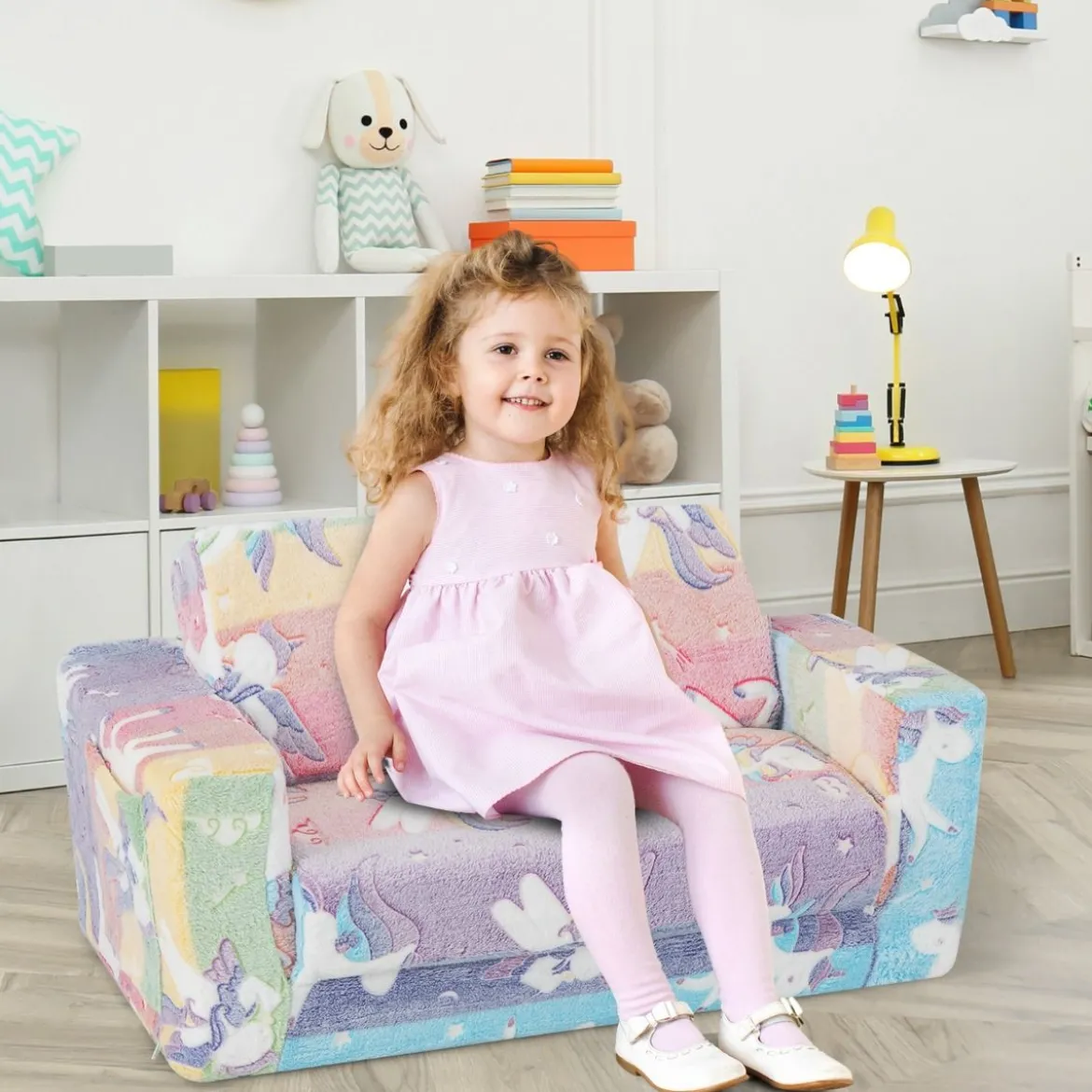 2 in 1 Kindersessel im Dunkeln Leuchtend Ausklappbares Kindersofa aus Samt Kindercouch
